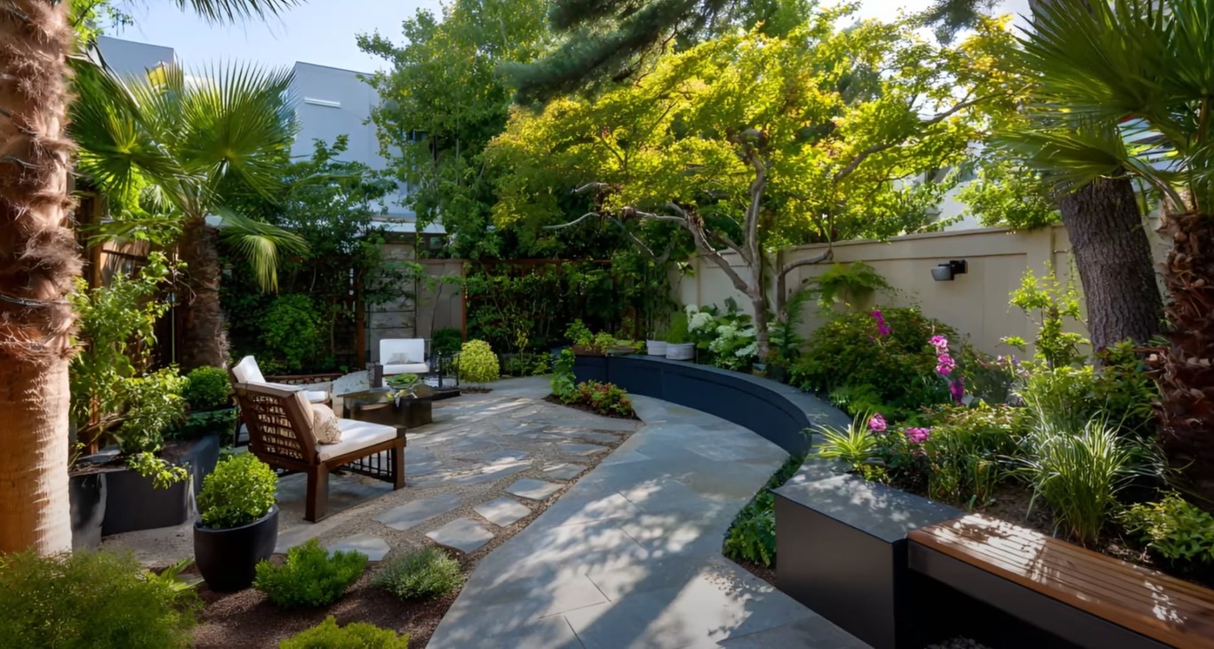 Beautiful outdoor living space with curved pathways and seating areas in Rialto